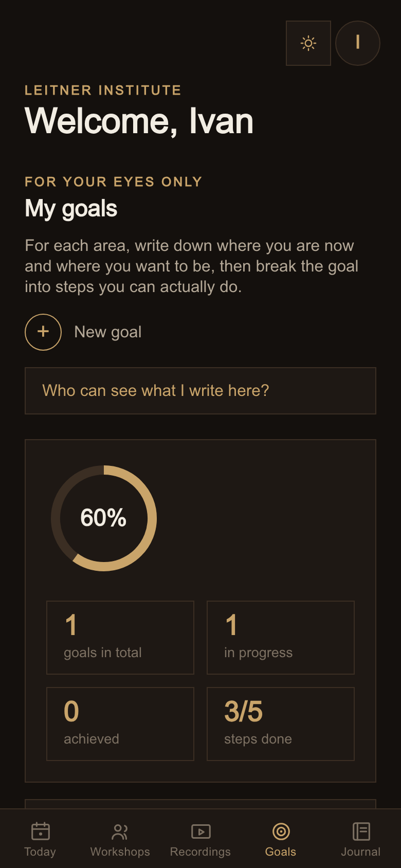 The Goals tab